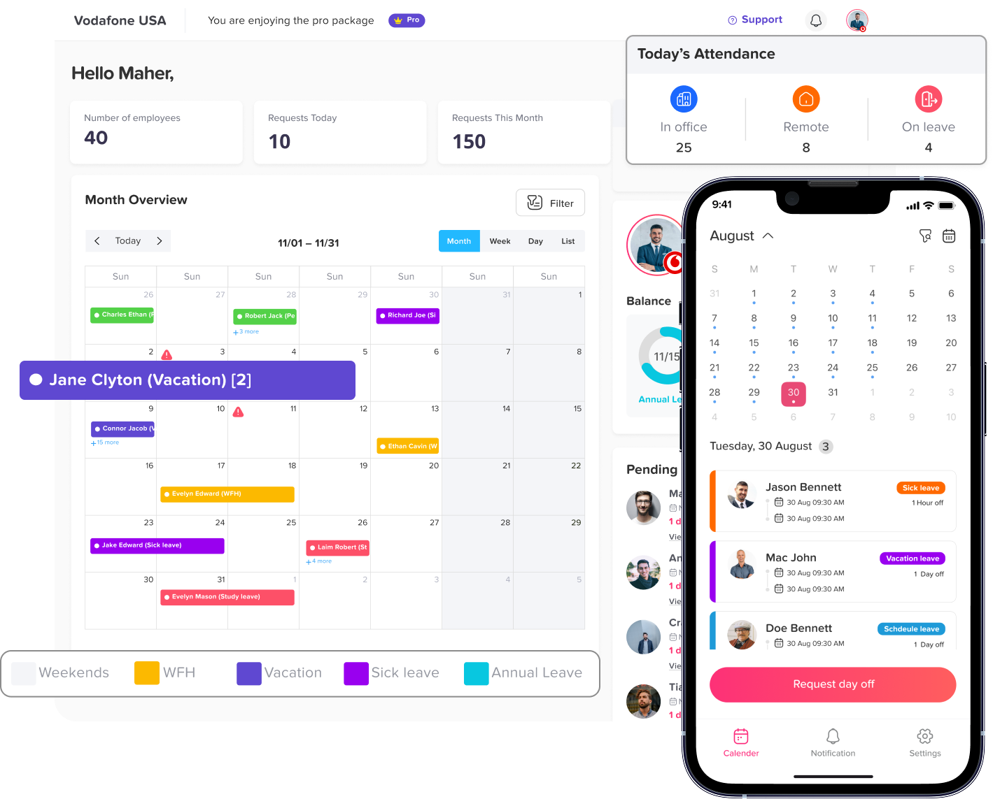 Day Off leave tracker dashboard showing team calendar with PTO requests, leave balances, mobile app view, and absence overview